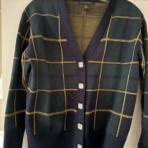 Tahari Women's Checkered Cardigan - Navy and Gold